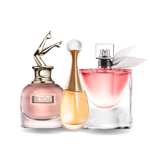 Combo de 3 perfumes Jean Paul Gaultier SCANDAL, Dior J'ADORE e Lancôme LA VIE EST BELLE 100ml