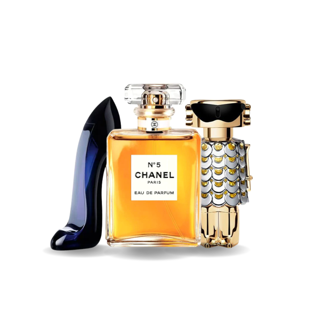 Combo de 3 perfumes Carolina Herrera GOOD GIRL, Chanel Nº5 e Paco Rabanne FAME